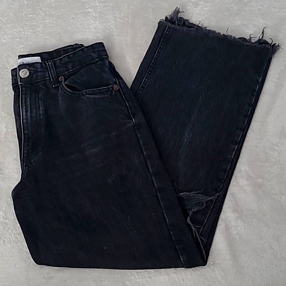 Zara Womens Jeans Size 4 Black Distressed Ripped Straight Leg Raw Hem Grunge Y2K